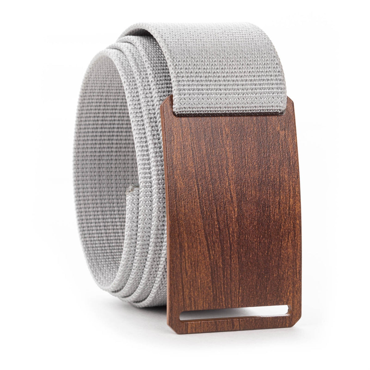 wood grain belt buckle with light grey belt swatch-image